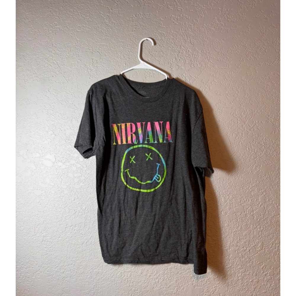 Nirvana Smiley Face Tie Dye T Shirt Charcoal Gray Band Tee